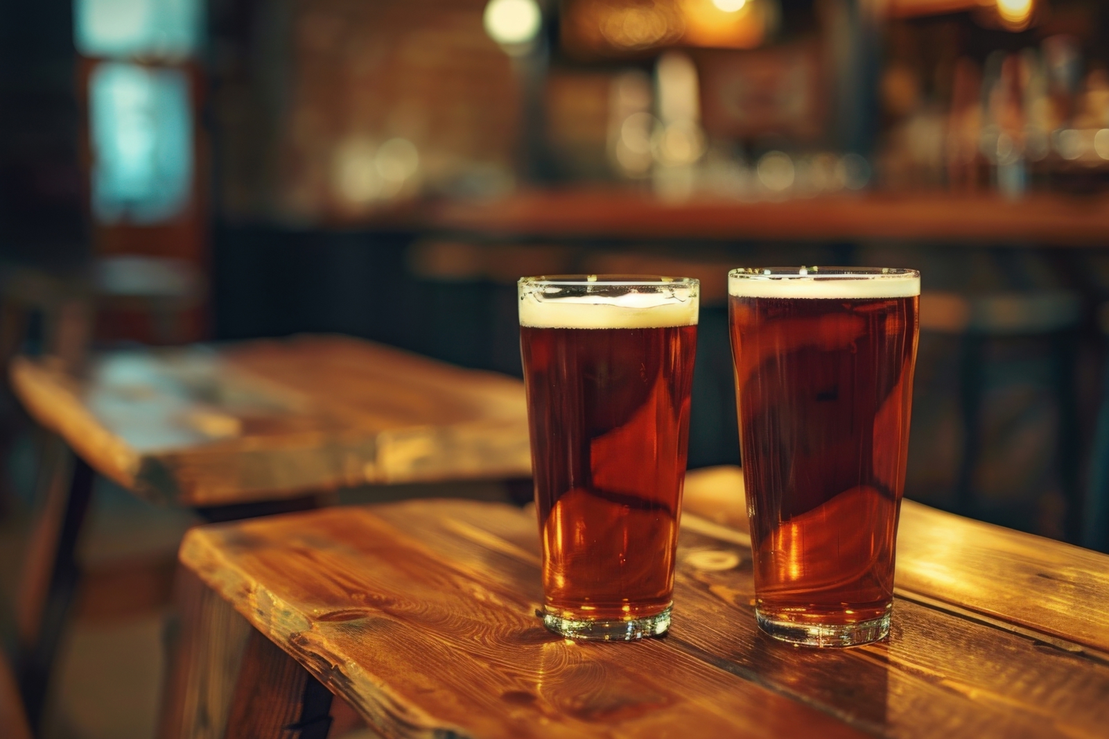 Two pint glasses lined up on the counter of an overseas pub, an image of pale ale beer
